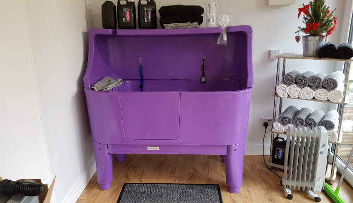 Close up of dog grooming unit inside a 20' x 8' QCB garden studio